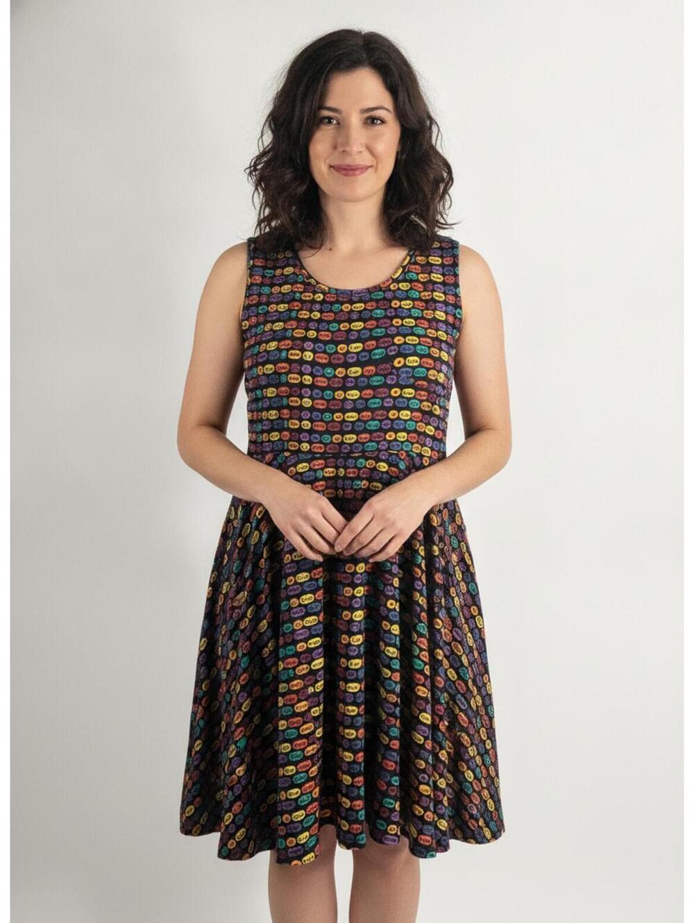 Suvaha Twirl Word Sleeveless Multicolor Patterned Dress with Pockets Large